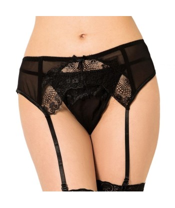 QUEEN LINGERIE - TANGA CON LIGUERO DE ENCAJES NEGRO S-M