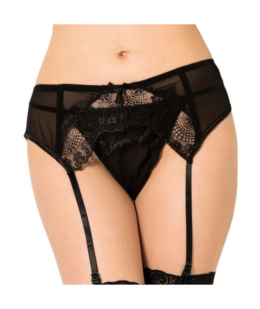 QUEEN LINGERIE - TANGA CON LIGUERO DE ENCAJES NEGRO S-M