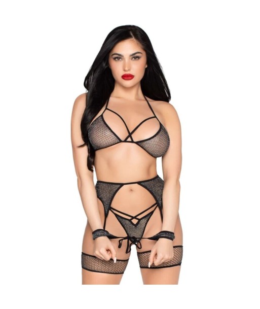 LEG AVENUE - 89362 SET TOP TANGA LIGUERO ESPOSAS NEGRO - TALLA ÚNICA