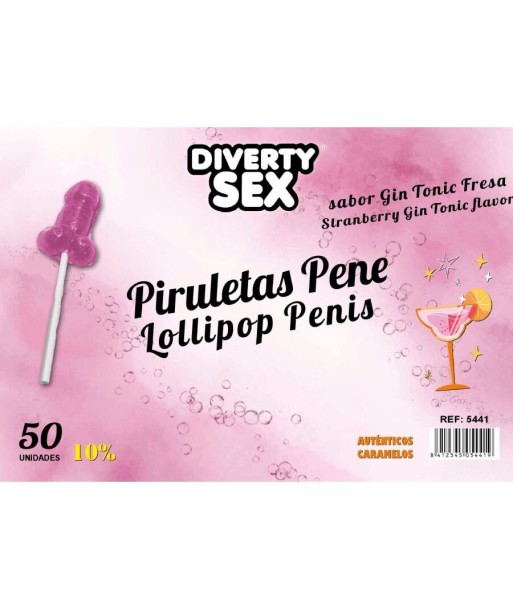 DIABLO GOLOSO - 50 PIRULETAS PENE GIN TONIC FRESA 10 ALCOHOL
