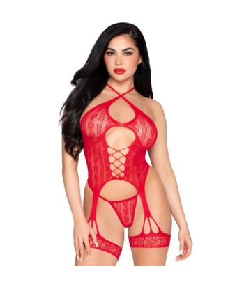 LEG AVENUE - 89338 SET BODY ABIERTO CON LIGUERO TANGA DE ENCAJE ROJO - TALLA ÚNICA