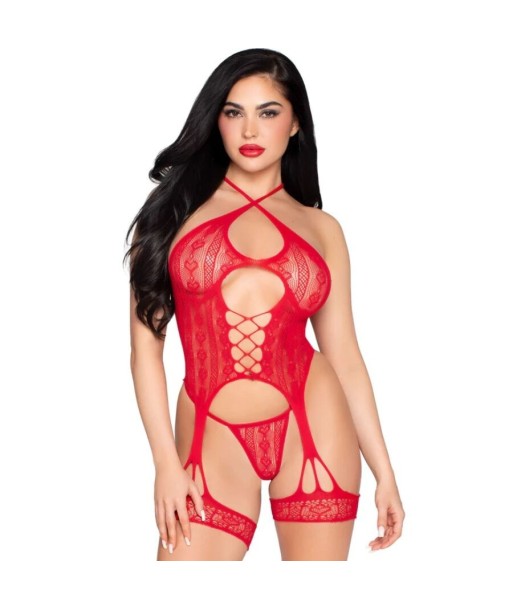 LEG AVENUE - 89338 SET BODY ABIERTO CON LIGUERO TANGA DE ENCAJE ROJO - TALLA ÚNICA