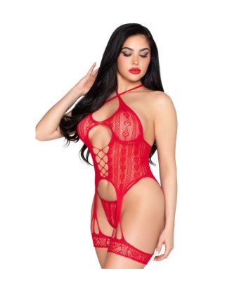 LEG AVENUE - 89338 SET BODY ABIERTO CON LIGUERO TANGA DE ENCAJE ROJO - TALLA ÚNICA