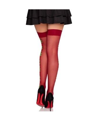 LEG AVENUE - 1957 MEDIAS DE LIGUERO CON FLORES ROJAS - TALLA ÚNICA