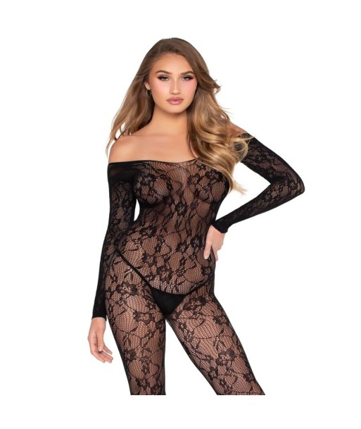 LEG AVENUE - 89366 BODYSTOCKING DE LENCERÍA DE ENCAJE NEGRO - TALLA ÚNICA