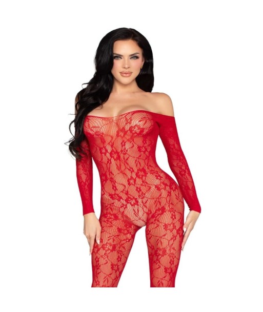LEG AVENUE - 89366 BODYSTOCKING DE LENCERÍA DE ENCAJE ROJO - TALLA ÚNICA
