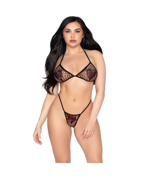 LEG AVENUE - 86147 TOP DE BRA DE RED Y PANTY G-STRING NEGRO - TALLA ÚNICA