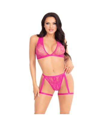 LEG AVENUE - 86148 TOP DE BRA DE ENCAJE Y PANTY CON LIGUEROS ROSA - TALLA ÚNICA