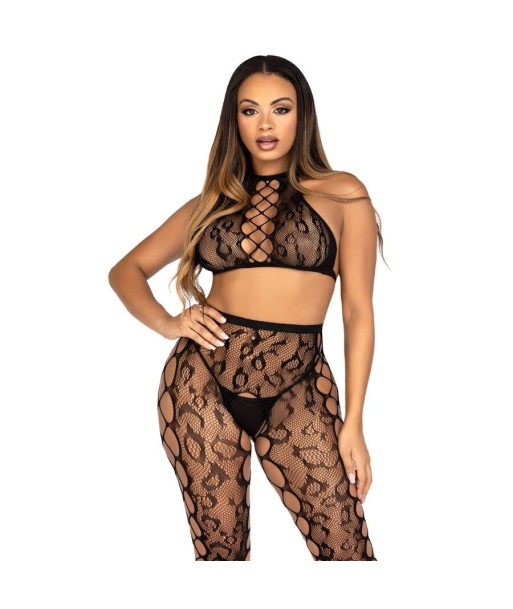 LEG AVENUE - 89372 CROP TOP Y MEDIAS SIN ENTREPIERNA NEGRO - TALLA ÚNICA