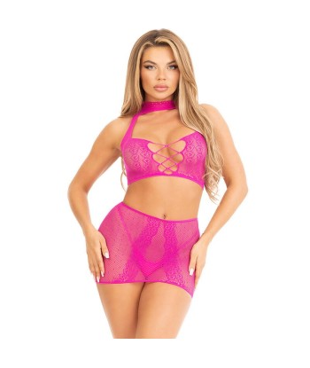 LEG AVENUE - TOP and FALDA DE ENCAJE ABIERTO FUCSIA