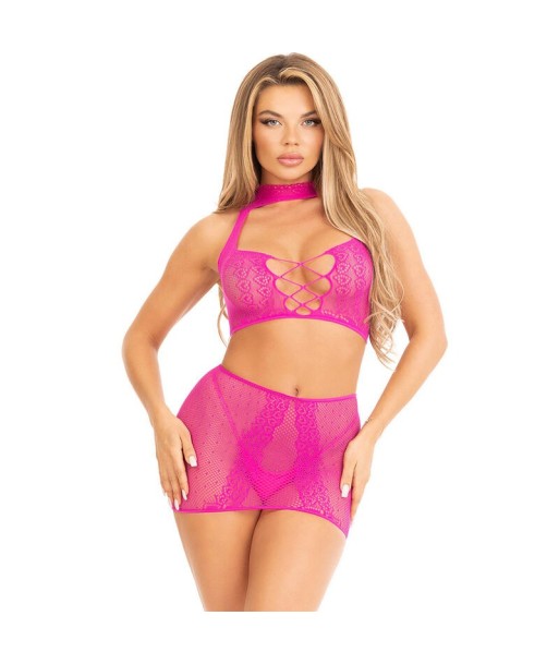 LEG AVENUE - TOP and FALDA DE ENCAJE ABIERTO FUCSIA