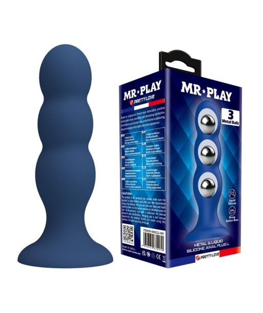 MR PLAY - PLUG ANAL CON 3 BOLAS METÁLICAS Y VENTOSA AZUL