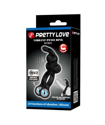 PRETTY LOVE - ANILLO VIBRADOR PARA PENE CON ESTIMULADOR DE CONEJITO 10 FUNCIONES NEGRO