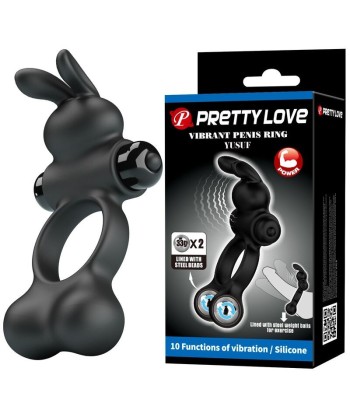 PRETTY LOVE - ANILLO VIBRADOR PARA PENE CON ESTIMULADOR DE CONEJITO 10 FUNCIONES NEGRO