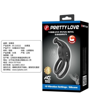 PRETTY LOVE - GOODWIN ANILLO VIBRADOR DOBLE PARA PENE RECARGABLE NEGRO
