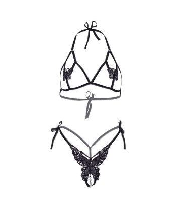 LEG AVENUE - SET DOS PIEZAS SUJETADOR Y TANGA DE MARIPOSAS Y PERLAS TALLA ÚNICA - NEGRO